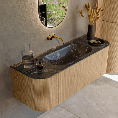 MONDIAZ KURVE-DLUX 130cm Meuble salle de bain avec module 25 G et D - couleur Oak - 1 tiroir - 2 portes - vasque BIG SMALL centre - sans trou de robinet - couleur Lava