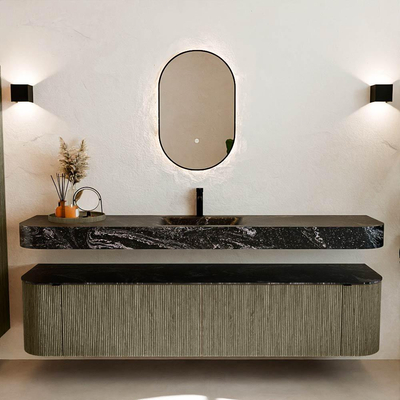 MONDIAZ THOR-DLUX 200cm meuble de salle de bains arrondi gauche + droite couleur Shadow avec 2 tiroirs et 2 portes. Vasque suspendue CLOUD Milieu 1 trou de robinet couleur Lava.