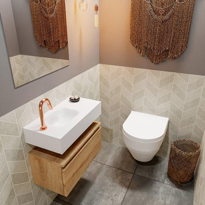 MONDIAZ ANDOR Toiletmeubel - 60x30x30cm - 1 kraangat - 1 lades - washed oak mat - wasbak links - Solid surface - Wit