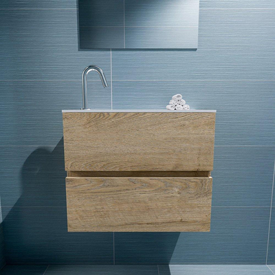 Mondiaz ADA Meuble lave-mains 60x30x50cm avec 1 trou pour robinet 2 tiroirs Washed oak mat Lavabo Lex Gauche Solid Surface Blanc