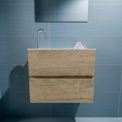 MONDIAZ ADA Toiletmeubel - 60x30x50cm - 1 kraangat - 2 lades - washed oak mat - wasbak links - Solid surface - Wit