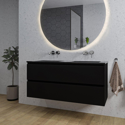 Saniclass Chaci Meuble de salle de bain - 120x46x55cm - lavabo en céramique noir - 2 vasques - sans trous de robinet - 2 tiroirs - ronde miroir avec éclairage - noir mat