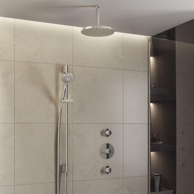 Hotbath Buddy IBS1 Ensemble de douche de pluie - 2 robinets d'arrêt - bras de plafond 15 cm - pomme de douche ronde 25 cm - douchette 3 jets - barre de douche - chromé