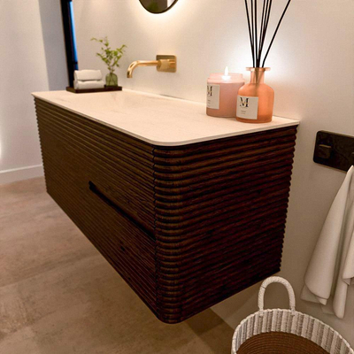 Mondiaz CIRO-DLUX Badkamermeubelset - 120x45x50cm - Solid surface wastafel Meli - 1 wasbak Links - zonder kraangaten - 2 lades - Walnut