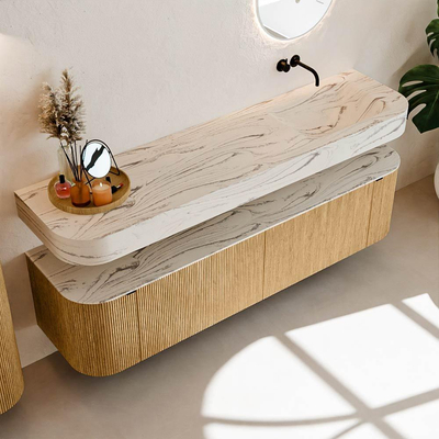 MONDIAZ THOR-DLUX 180cm badmeubel ronding links + rechts kleur Oak met 2 lades en 2 deuren. Vrijhangende wastafel CLOUD Rechts zonder kraangat kleur Nata.