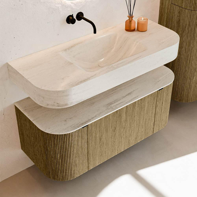 MONDIAZ THOR-DLUX 110cm meuble de salle de bains arrondi gauche + droite couleur Dusk avec 1 tiroir et 2 portes. Vasque suspendue CLOUD Milieu sans trou de robinet couleur Meli.