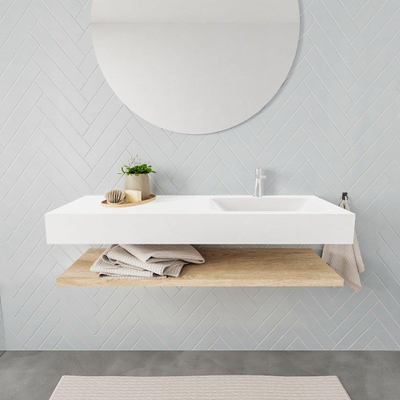 MONDIAZ ALAN 120cm - Ensemble meuble de salle de bains - tablette - chêne blanchi - lavabo suspendu - vasque à droite - 1 trou de robinet - talc