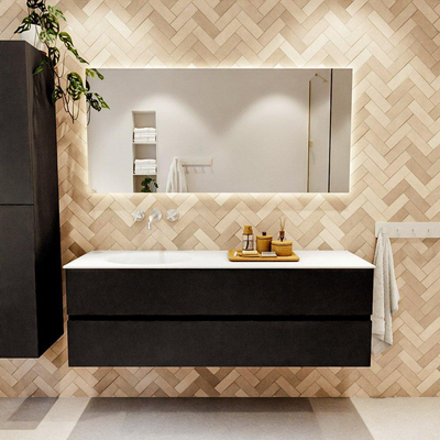MONDIAZ VICA meuble sous lavabo 150cm Urban 2 tiroirs. Lavabo MOON gauche sans trou de robinet, couleur Talc.