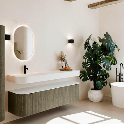 MONDIAZ THOR Meuble de salle de bains 170cm arrondi gauche + droite couleur Shadow avec 1 tiroir et 2 portes. Vasque suspendue CLOUD Gauche 1 trou de robinet couleur Talc.