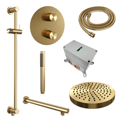 BRAUER Stripe Thermostatische Inbouw Regendouche - 3-weg - rond - SET 43 - 25cm douchekop - rechte muurarm - staaf handdouche - doucheslang - geïntegreerde glijstang - goud geborsteld PVD