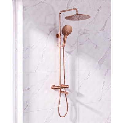 Fortifura Calvi Regendoucheset - thermostatisch - 25cm hoofddouche - gladde slang - ronde handdouche - draaibare baduitloop - geborsteld koper PVD