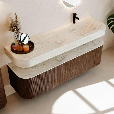 MONDIAZ THOR-DLUX Meuble de salle de bains 160cm arrondi gauche + droite couleur Walnut avec 1 tiroir et 2 portes. Vasque suspendue CLOUD Droite 1 trou de robinet couleur Ostra.