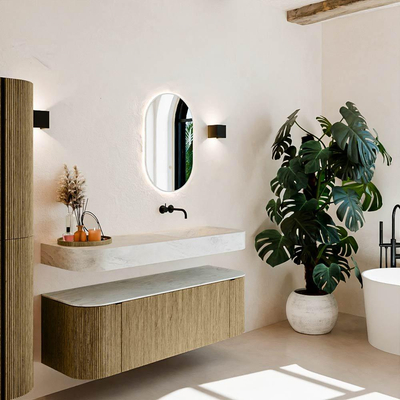 MONDIAZ THOR-DLUX 140cm meuble de salle de bains arrondi gauche + droite couleur Dusk avec 1 tiroir et 2 portes. Vasque suspendue CLOUD Droite sans trou de robinet couleur Opalo.