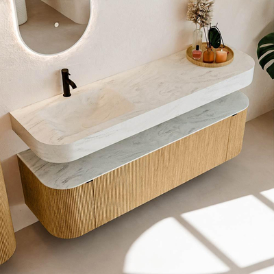 MONDIAZ THOR-DLUX 160cm meuble de salle de bains arrondi gauche + droite couleur Chêne avec 1 tiroir et 2 portes. Vasque suspendue CLOUD Gauche 1 trou de robinet couleur Opalo.