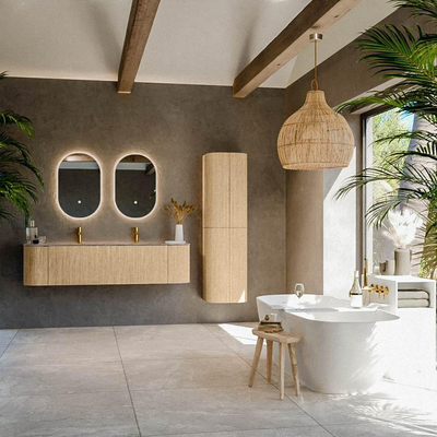 MONDIAZ KURVE-DLUX meuble de salle de bains 170cm arrondi gauche + droite couleur Oak avec 1 tiroir et 2 portes. Plan-vasque LEAF double 2 trous de robinet Oza.