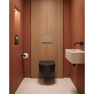 QeramiQ Dely Swirl Toiletset - 36.3x51.7cm - Geberit UP320 inbouwreservoir - met Burda frame - slimzitting - bedieningsplaat taupe - rechthoekige knoppen - mat zwart