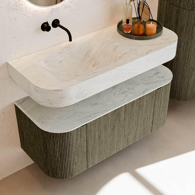 MONDIAZ THOR-DLUX 110cm meuble de salle de bains arrondi gauche + droite couleur Shadow avec 1 tiroir et 2 portes. Vasque suspendue CLOUD Gauche sans trou de robinet couleur Opalo.