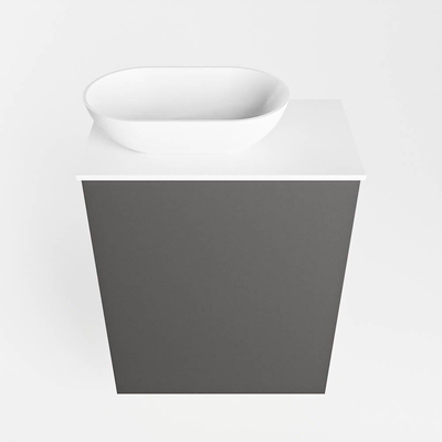 Mondiaz Fowy Meuble de toilette - 40x50x23cm - gris foncé mat - 1 trou de robinet - lavabo à gauche - 1 porte - solid surface - plan MDF - lavabo : Blanc / Noir