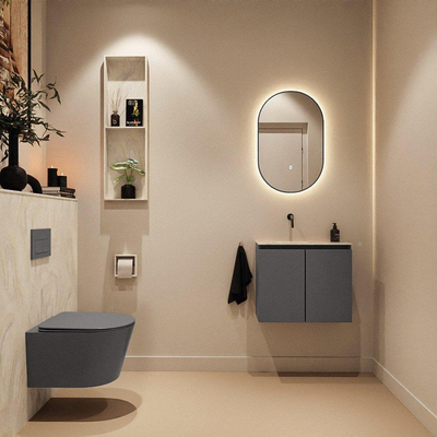MONDIAZ TURE-DLUX Meuble toilette - 60cm - Dark Grey - EDEN - vasque Ostra - position gauche - sans trou de robinet