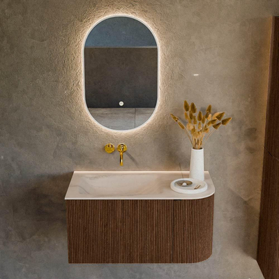 MONDIAZ KURVE-DLUX Meuble de salle de bains 85cm arrondi à droite couleur Walnut avec 1 tiroir et 1 porte. Lavabo CLOUD à gauche sans trou de robinet Meli.