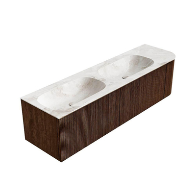 MONDIAZ KURVE-DLUX 165cm badmeubel met module 25 R kleur Walnut met 2 lades en 1 deur. Wastafel STOR SMALL dubbel / links zonder kraangat kleur Frappe.