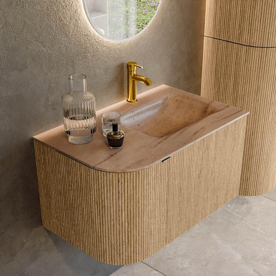 MONDIAZ KURVE-DLUX 75cm badmeubel ronding Links kleur Oak met 1 lade en 1 deur. Wastafel GRUNNE Rechts 1 kraangat Saba.