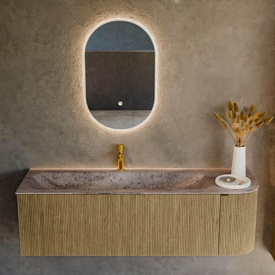 MONDIAZ KURVE-DLUX Meuble de salle de bains 145cm arrondi à droite couleur Dusk avec 1 tiroir et 1 porte. Lavabo BIG LARGE à gauche 1 trou de robinet Oza.
