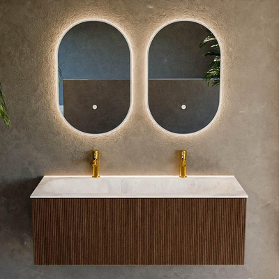 MONDIAZ KURVE-DLUX 120cm badmeubel kleur Walnut met 1 lade. Wastafel BIG LARGE midden 2 kraangaten kleur Frappe.