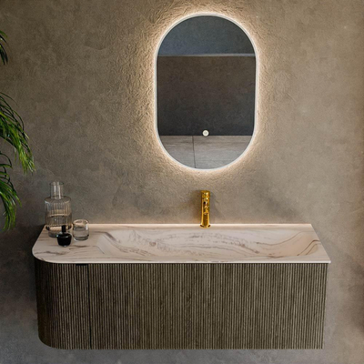 MONDIAZ KURVE-DLUX Meuble de salle de bains 125cm arrondi à gauche couleur Shadow avec 1 tiroir et 1 porte. Lavabo BIG MEDIUM à droite 1 trou de robinet Nata.
