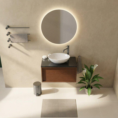 Saniclass Holz Frame Ensemble de meubles de salle de bains - 80x45x43cm - Plan vasque en basalte Noche poli (noir) - 1 trou de robinet - 1 tiroir - walnut pure mat (bois)
