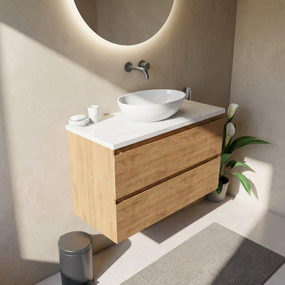 Saniclass Holz Pure Ensemble meuble de salle de bains - 100x45x63cm - Plan vasque en marbre Dia poli (blanc) - sans trou de robinetterie - 2 tiroirs - chêne natural mat (bois)