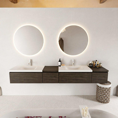 MONDIAZ BUKLA 240cm ensemble de meuble avec module 40 gauche couleur Marron Foncé avec 4 tiroirs. Lavabo CLOUD double 2 trous de robinet couleur Talc.