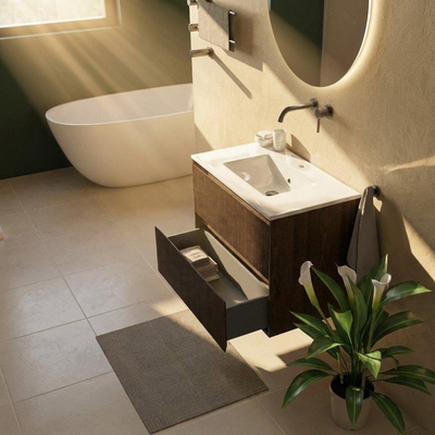 Saniclass Holz Atelier Ensemble de meubles de salle de bains - 80x45x62cm - Vygo lavabo en céramique blanc - 1 vasque - sans trou de robinet - 2 tiroirs - chêne charcoal mat (bois)