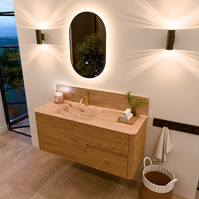 Mondiaz CIRO-DLUX Ensemble de meubles de salle de bains - 120x45x50cm - Plan vasque solid surface Arena - 1 vasque à gauche - 1 trou de robinet - 2 tiroirs - Chêne