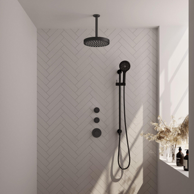 BRAUER Stripe Douche de tête thermostatique encastrée - SET 12 - pomme de douche 25cm - bras plafond - douchette 3 positions - flexible de douche - barre coulissante intégrée - noir mat