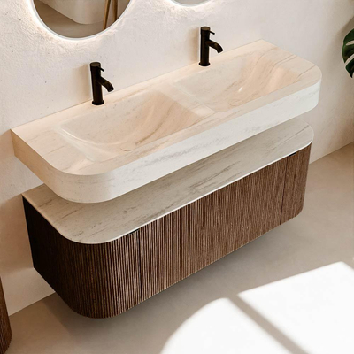 MONDIAZ THOR-DLUX 130cm meuble de salle de bains arrondi gauche + droite couleur Walnut avec 1 tiroir et 2 portes. Vasque suspendue CLOUD Double 2 trous de robinet couleur Meli.