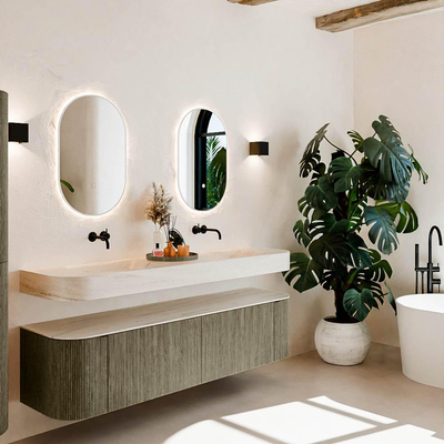 MONDIAZ THOR-DLUX 180cm meuble de salle de bains arrondi gauche + droite couleur Shadow avec 2 tiroirs et 2 portes. Vasque suspendue CLOUD Double sans trou de robinet couleur Meli.