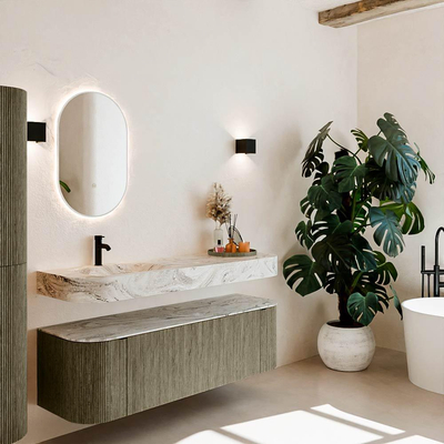 MONDIAZ THOR-DLUX 150cm badmeubel ronding links + rechts kleur Shadow met 1 lade en 2 deuren. Vrijhangende wastafel CLOUD Links 1 kraangat kleur Glace.