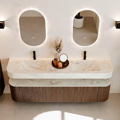 MONDIAZ THOR-DLUX 190cm badmeubel ronding links + rechts kleur Walnut met 2 lades en 2 deuren. Vrijhangende wastafel CLOUD Dubbel 2 kraangaten kleur Ostra.