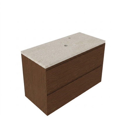 Saniclass Holz Pure Ensemble meuble de salle de bains - 100x45x63cm - Plan de travail en pierre naturelle travertin - 1 trou de robinetterie - 2 tiroirs - walnut pure mat (bois)