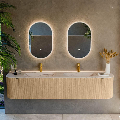 MONDIAZ KURVE-DLUX Meuble de salle de bains 200cm arrondi gauche + droite couleur Chêne avec 2 tiroirs et 2 portes. Lavabo STOR SMALL Double 2 trous de robinet Nata.