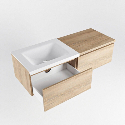 MONDIAZ BUKLA 120cm badmeubel met module 60 kleur Washed Oak met 2 lades. Wastafel CLOUD links 1 kraangat kleur Talc.