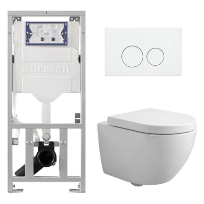 QeramiQ Dely Swirl Compact Toiletset - inbouwreservoir Geberit UP320 - met Burda frame - 25mm zitting - kunststof bedieningsplaat glans wit - ronde knoppen - glans wit