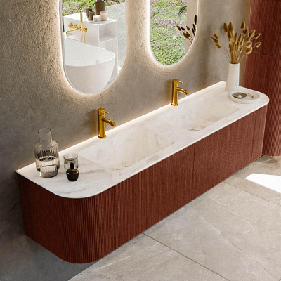 Mondiaz KURVE-DLUX Badkamermeubelset - 180x46x40cm - 2 lade - 2 deuren - wastafel solid surface - dubbel - 2 kraangaten - Ruby