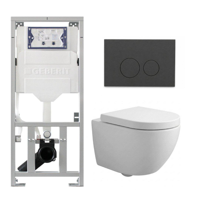 Pack WC QeramiQ Dely Swirl Compact - réservoir encastrable Geberit UP320 - avec bâti-support Burda - abattant 25 mm - plaque de commande en plastique anthracite mat - boutons ronds - blanc brillant