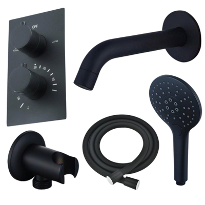 FugaFlow Eccelente Acces Badkraan set - uitloop - 22cm inkortbaar - gladde slang - ronde handdouche - inbouwdeel - wandhouder - mat zwart