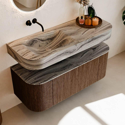 MONDIAZ THOR-DLUX 120cm badmeubel ronding links + rechts kleur Walnut met 1 lade en 2 deuren. Vrijhangende wastafel CLOUD Links zonder kraangat kleur Sombra.