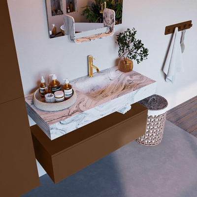 Mondiaz ALAN-DLUX Ensemble de meuble - 100cm - meuble Rust mat - 1 tiroir - Lavabo Cloud Glace suspendu - vasque Droite - 1 trou de robinet