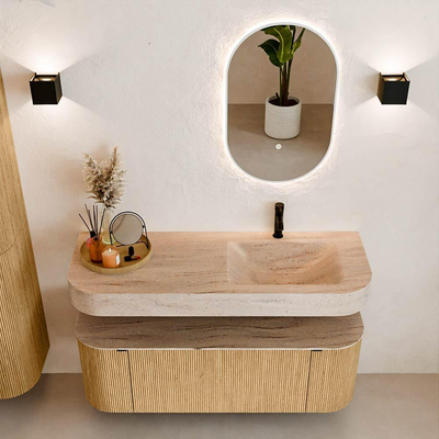 MONDIAZ THOR-DLUX 130cm badmeubel ronding links + rechts kleur Oak met 1 lade en 2 deuren. Vrijhangende wastafel CLOUD Rechts 1 kraangat kleur Saba.