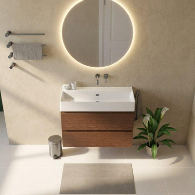 Saniclass Holz Pure Ensemble de meubles de salle de bains - 100x45x72cm - Legend lavabo en céramique blanc - 1 vasque - sans trou de robinet - 2 tiroirs - noyer pure mat (bois)